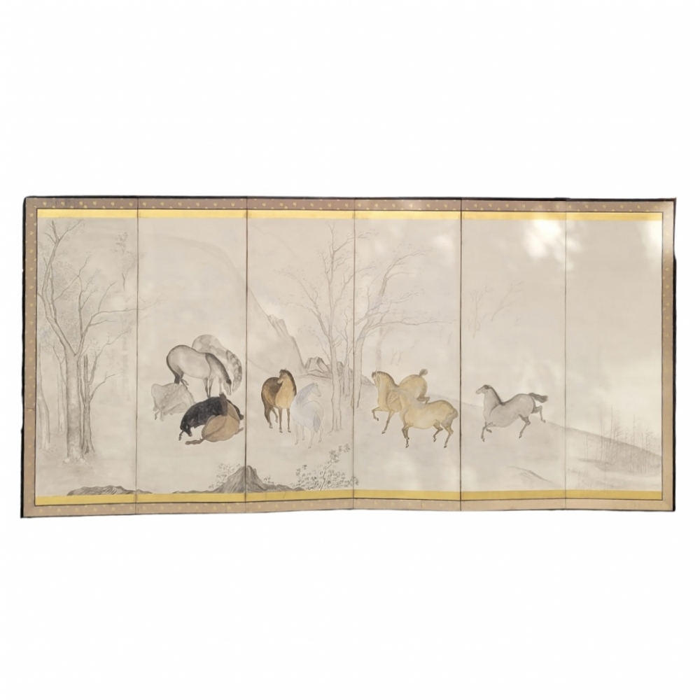 Biombo Byôbu “Caballos salvajes”, Escuela Kano, periodo Edo, Japón, siglo XIX