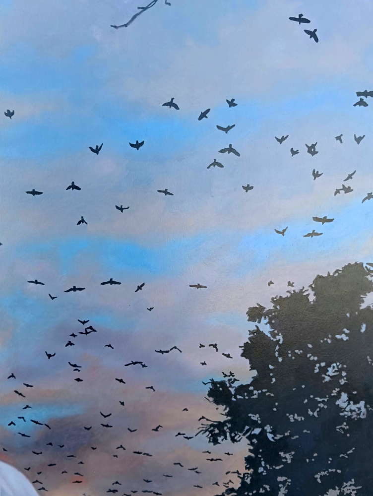 Jorge Pérez Parada, pintura figurativa, atardecer con pájaros, 2020