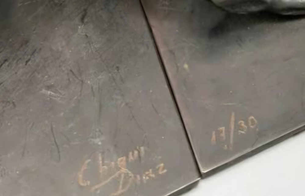 Escultura de rana en tres partes, bronce de Chiqui Diaz, firmado y numerado
