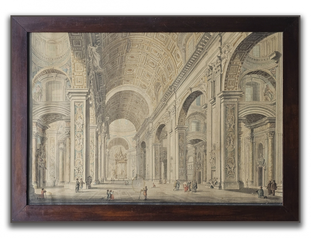Conjunto de 4 dibujos académicos de arquitectura, acuarela y tinta aguada, vistas de Roma, firmados por Augusto Martínez, Roma, 1937