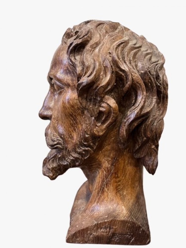 Pareja de cabezas de apóstoles en madera de roble tallada, escuela europea, probablemente siglo XVII-XVIII