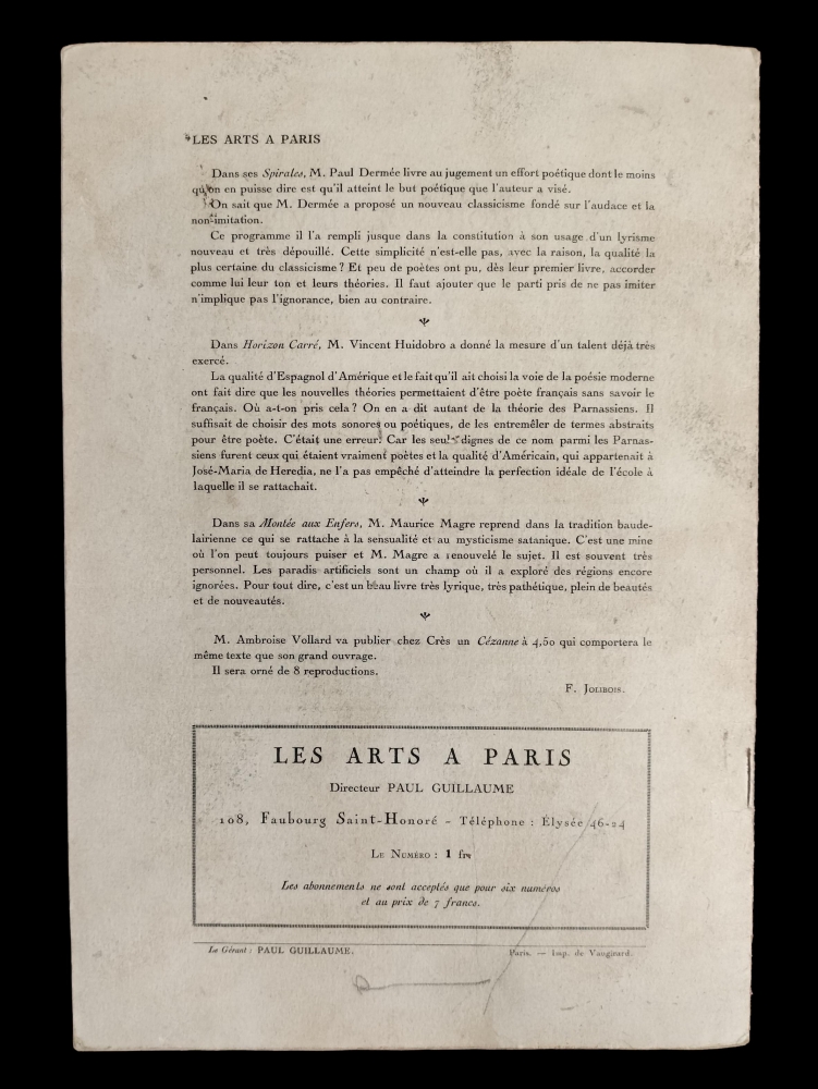Les Arts à Paris. Actualités Critiques & Littèraires, Núm. 2, Director Paul Guillaume, Paris, 1918. 