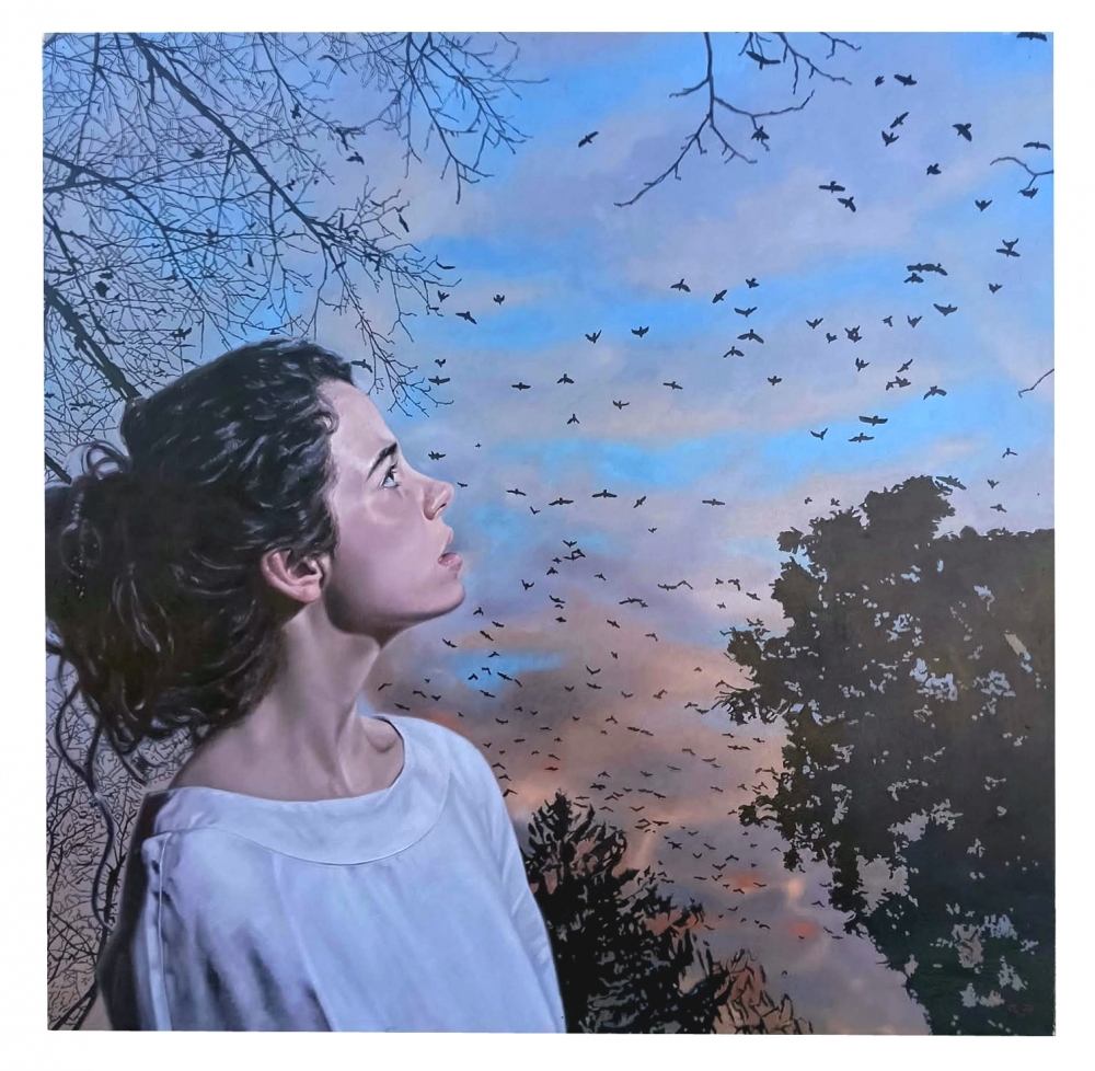 Jorge Pérez Parada, pintura figurativa, atardecer con pájaros, 2020