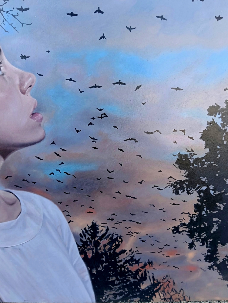 Jorge Pérez Parada, pintura figurativa, atardecer con pájaros, 2020