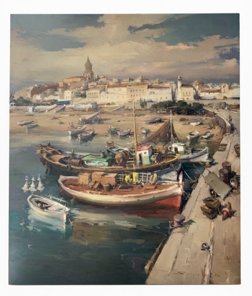 Josep Sarquella, Vista del puerto de Palamós, óleo sobre lienzo, Costa Brava, 1974