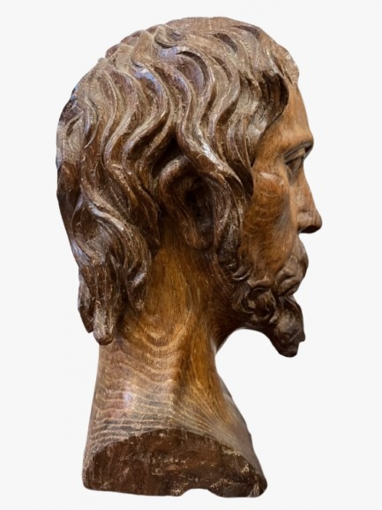 Pareja de cabezas de apóstoles en madera de roble tallada, escuela europea, probablemente siglo XVII-XVIII