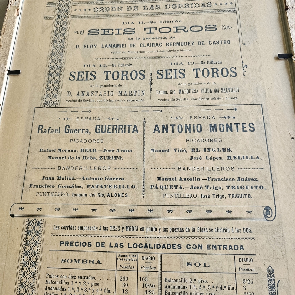 Cartel de toros de 1899, Salamanca (Guerrita y Antonio Montes), doble cara enmarcado con cristal