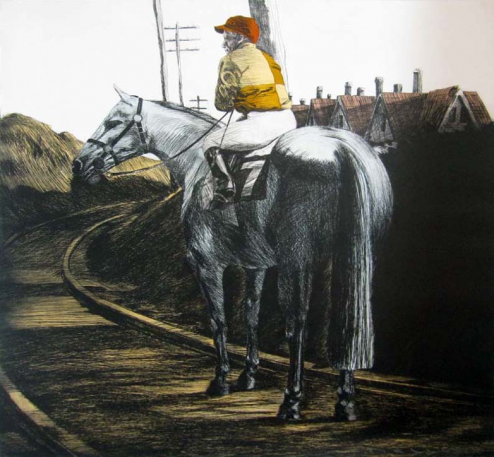 Fernando Bellver, aguafuerte, jinete a caballo, 1984