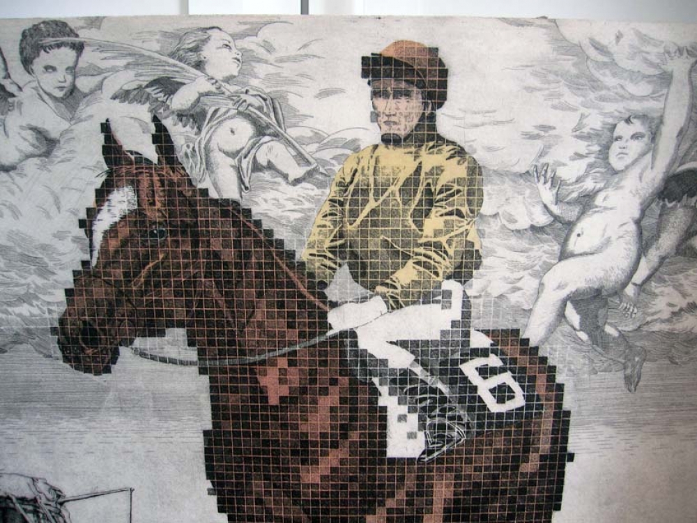 Fernando Bellver, aguafuerte, jinete a caballo, 1984