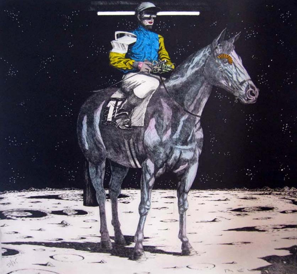 Fernando Bellver, aguafuerte, jinete a caballo, 1984