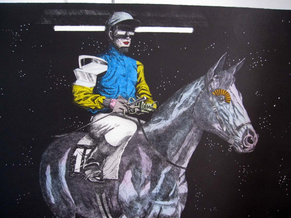 Fernando Bellver, aguafuerte, jinete a caballo, 1984