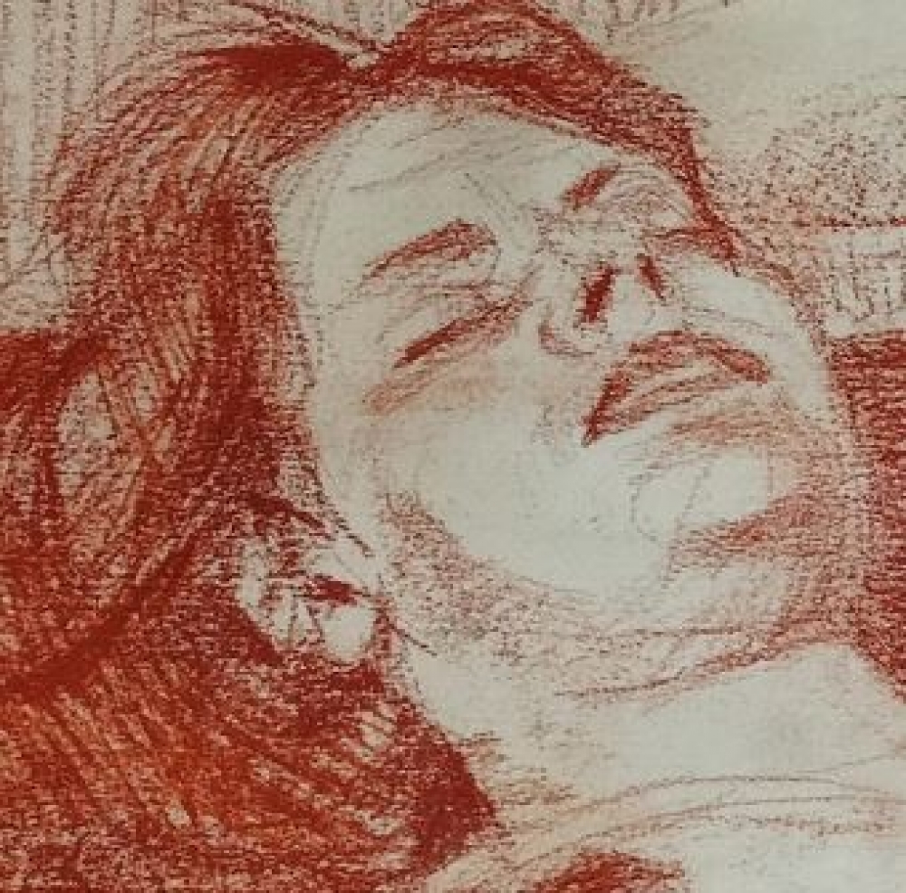Óscar Tusquets, desnudo femenino recostado, sanguina sobre papel, España, 1975