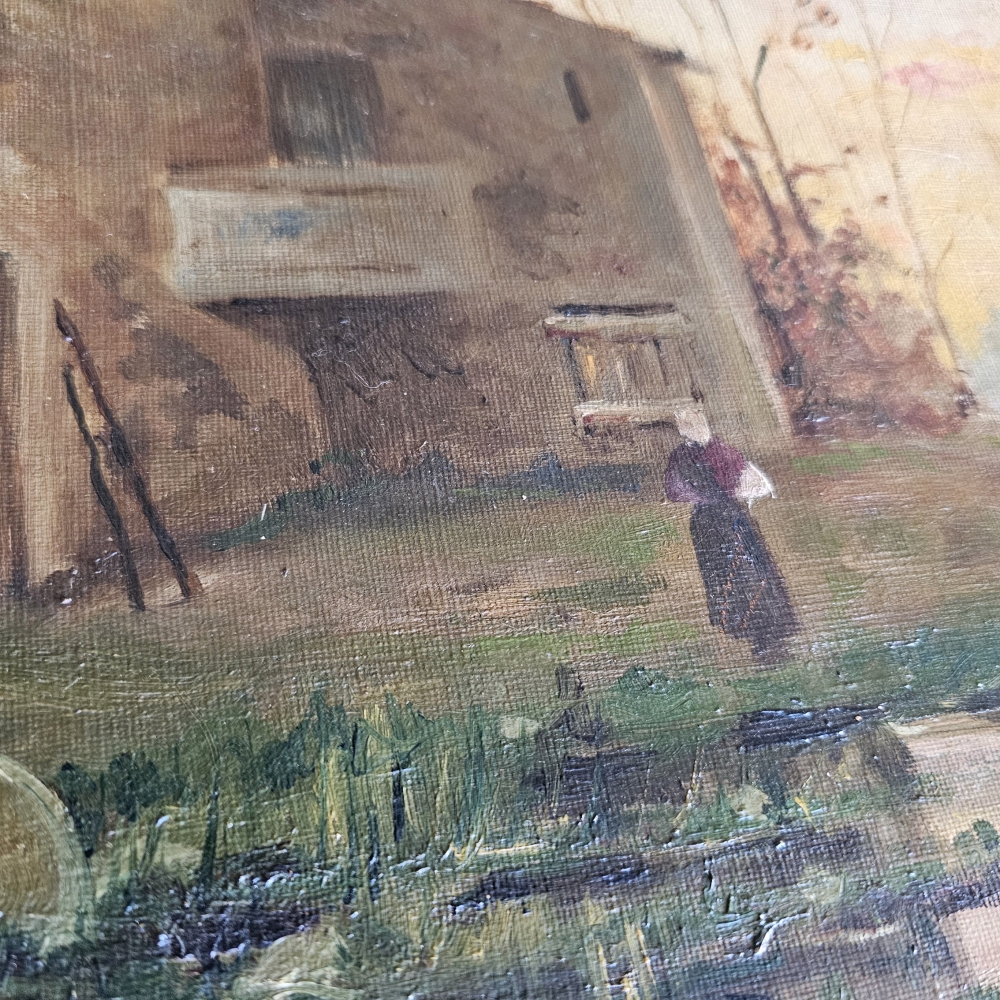 Paisaje costumbrista catalán, pintura al óleo, siglo XIX-XX