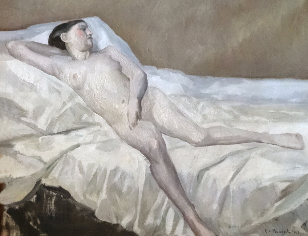 Emmanuel Charles Bénézit, pintura, desnudo de mujer sobre cama, 1929