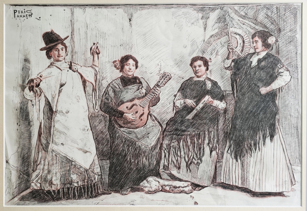 José Peris Aragó y Pepe Peris Panach, dibujo costumbrista original, escuela valenciana, mediados del siglo XX