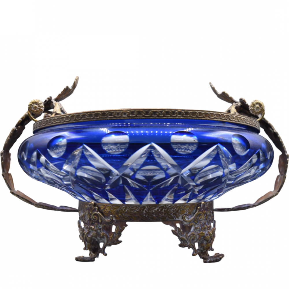 Centro de mesa - frutero de cristal de Bohemia con montura de metal