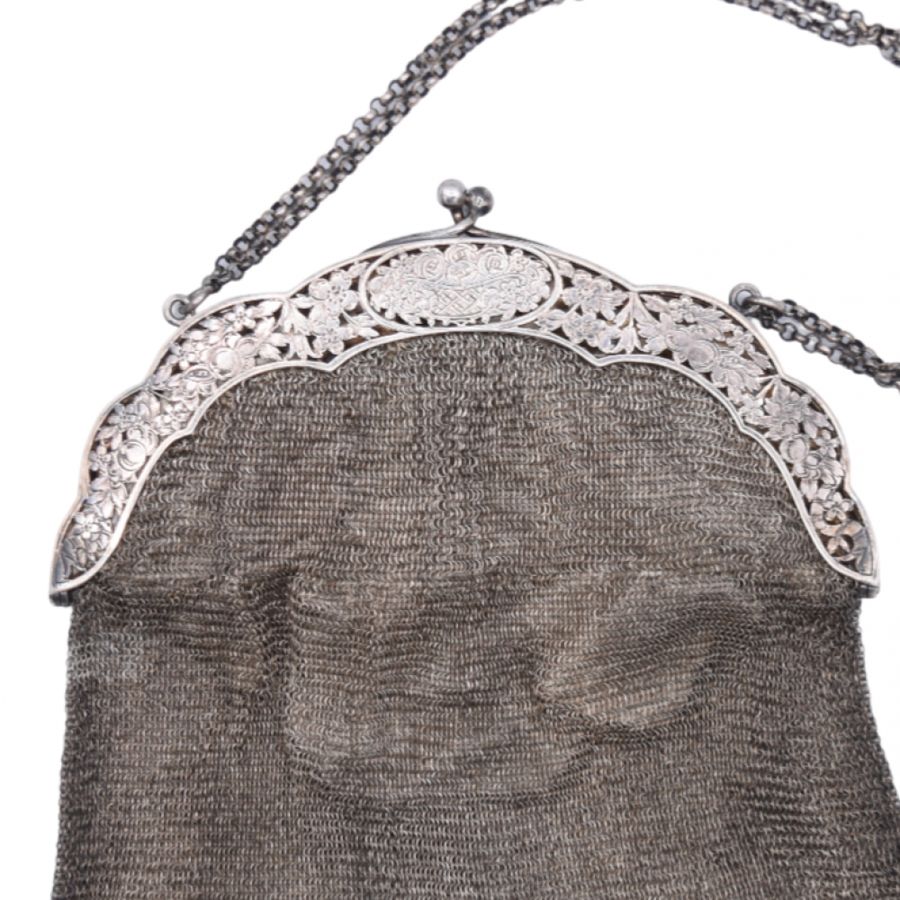 Bolso de malla de plata alemana, Eduardiano - Art Decó