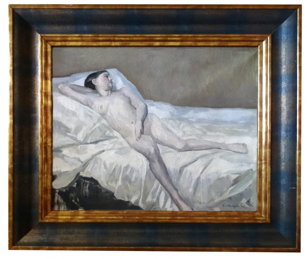 Emmanuel Charles Bénézit, pintura, desnudo de mujer sobre cama, 1929