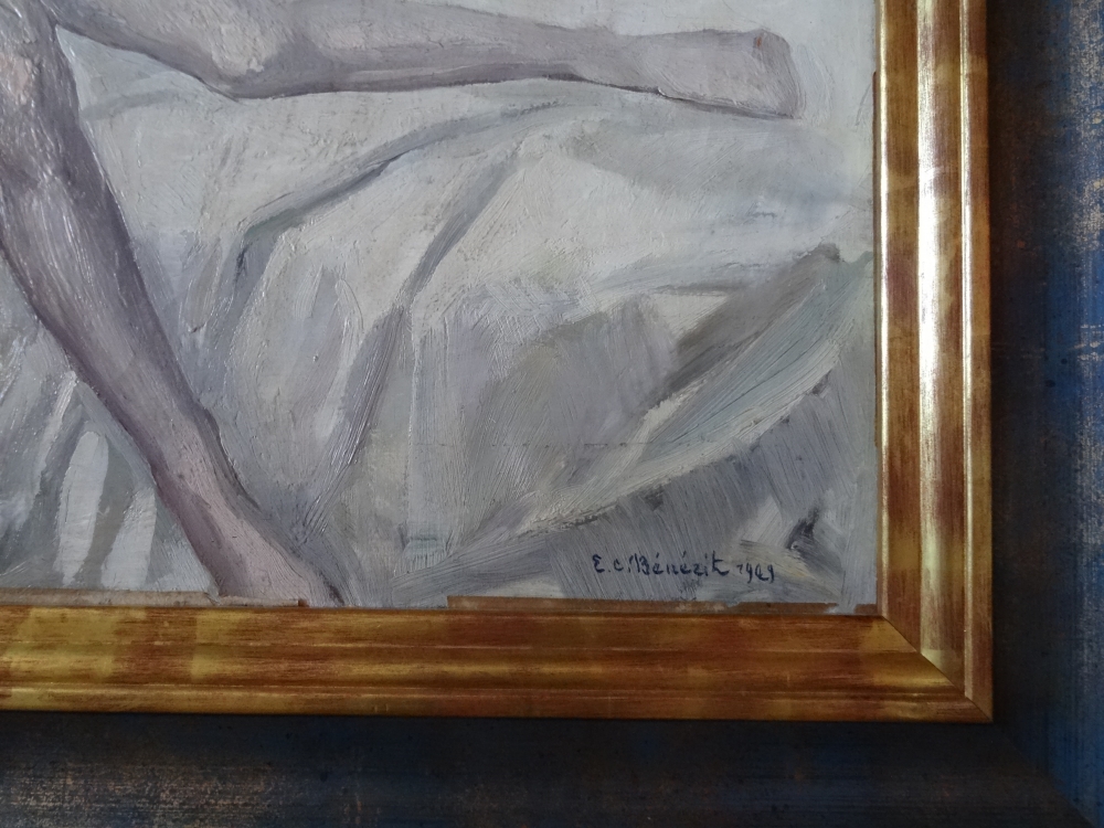 Emmanuel Charles Bénézit, pintura, desnudo de mujer sobre cama, 1929