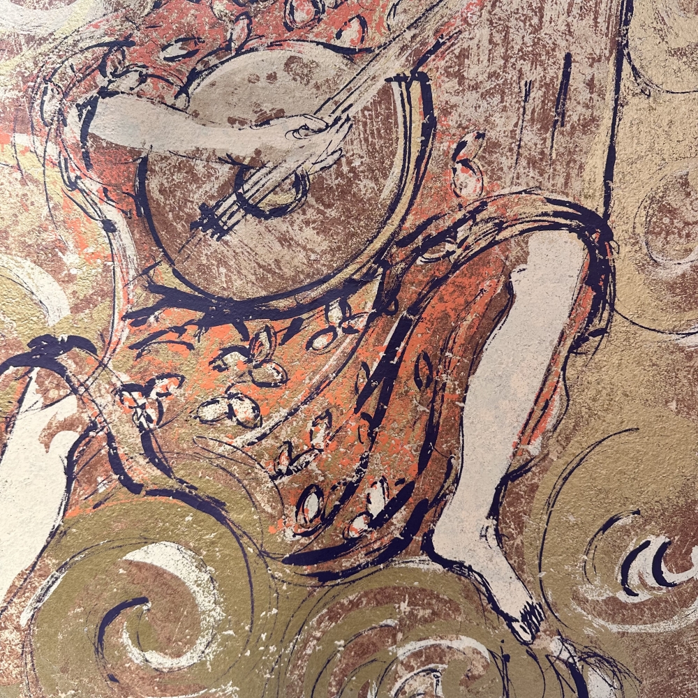 Carmen Parra, técnica mixta sobre papel \"Ángel músico\", México, siglo XX