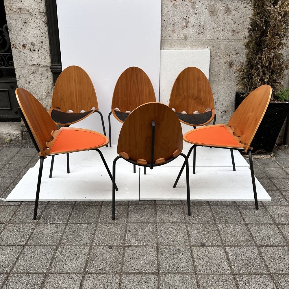 Juego de 6 sillas «A6», Joseph-André Motte para Steiner, madera y cuero, Francia, años 2000