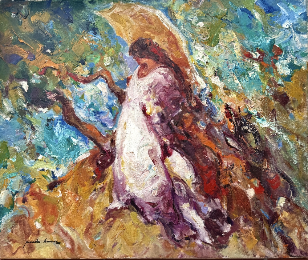 José Antonio Pineda Bueno, Luz estival, óleo sobre lienzo, mujer en jardín