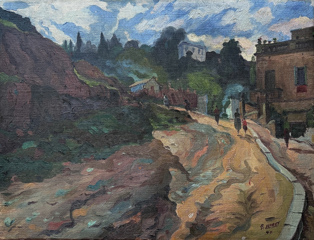 Antoni Llobet Aracil, Paisaje con figuras, óleo sobre lienzo, 1940