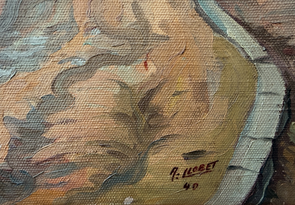 Antoni Llobet Aracil, Paisaje con figuras, óleo sobre lienzo, 1940