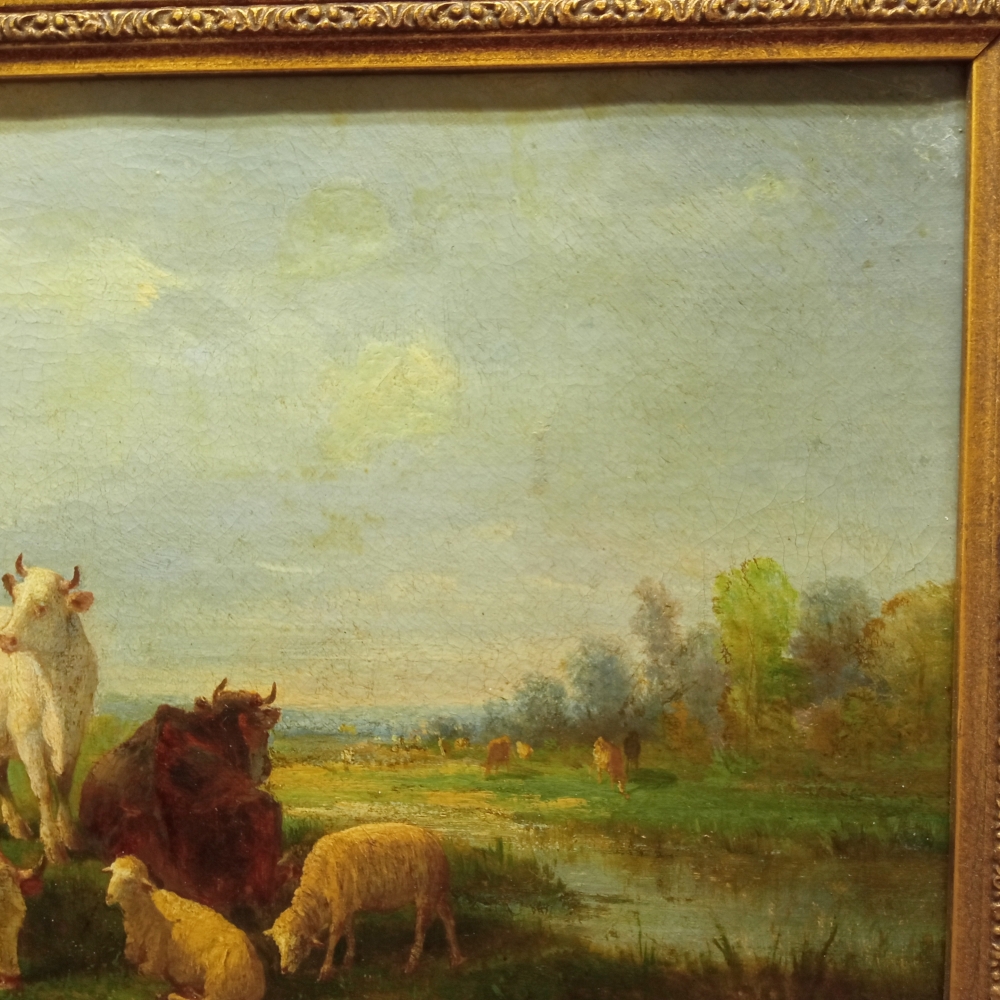 Andrés Cortés y Aguilar, \"Paisaje con vacas y corderos\", óleo sobre lienzo, siglo XIX