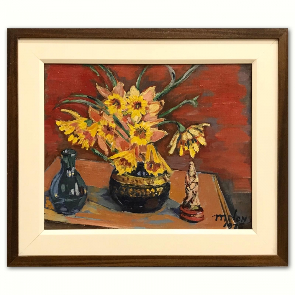 \"Bodegón con Narcisos, Jarrón y Figurilla\", Ramón Molóns Rocha, 1975