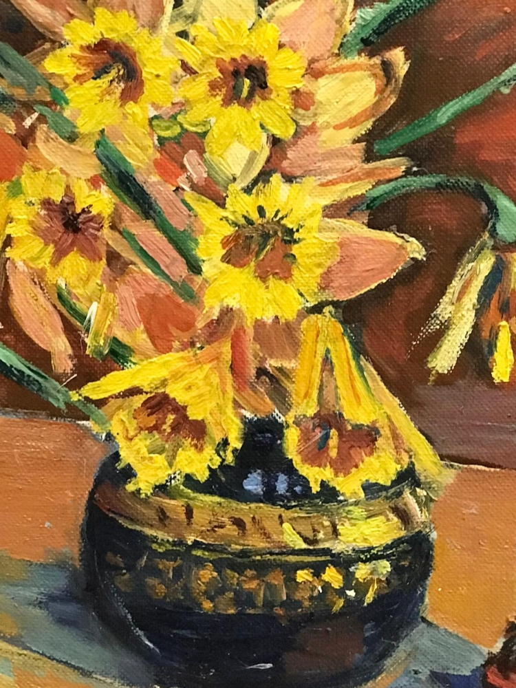 \"Bodegón con Narcisos, Jarrón y Figurilla\", Ramón Molóns Rocha, 1975