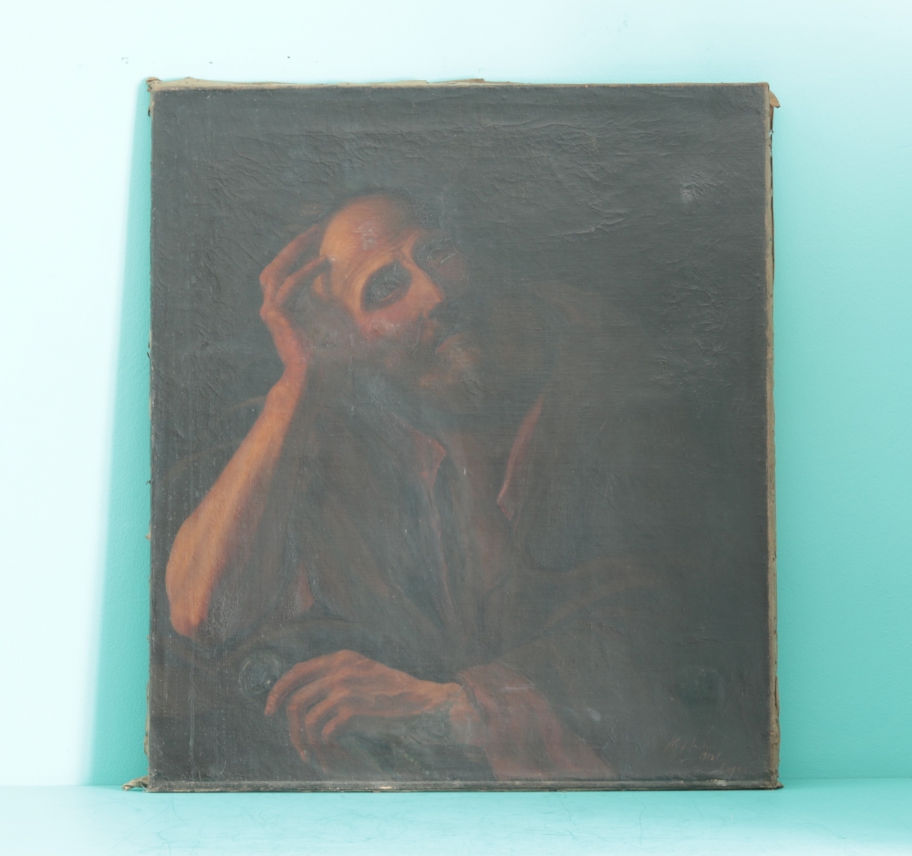 San Pedro penitente, firmado M. Martin, óleo religioso, hacia 1901
