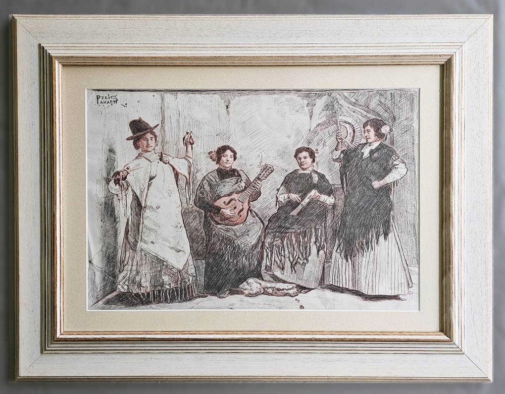 José Peris Aragó y Pepe Peris Panach, dibujo costumbrista original, escuela valenciana, mediados del siglo XX