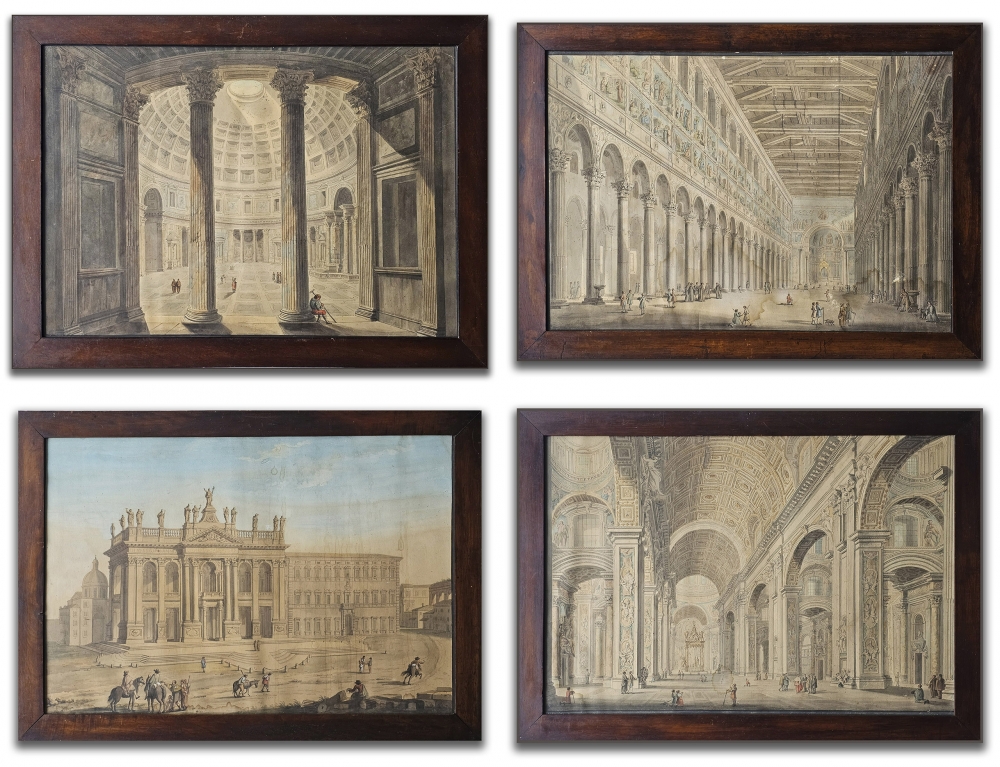 Conjunto de 4 dibujos académicos de arquitectura, acuarela y tinta aguada, vistas de Roma, firmados por Augusto Martínez, Roma, 1937