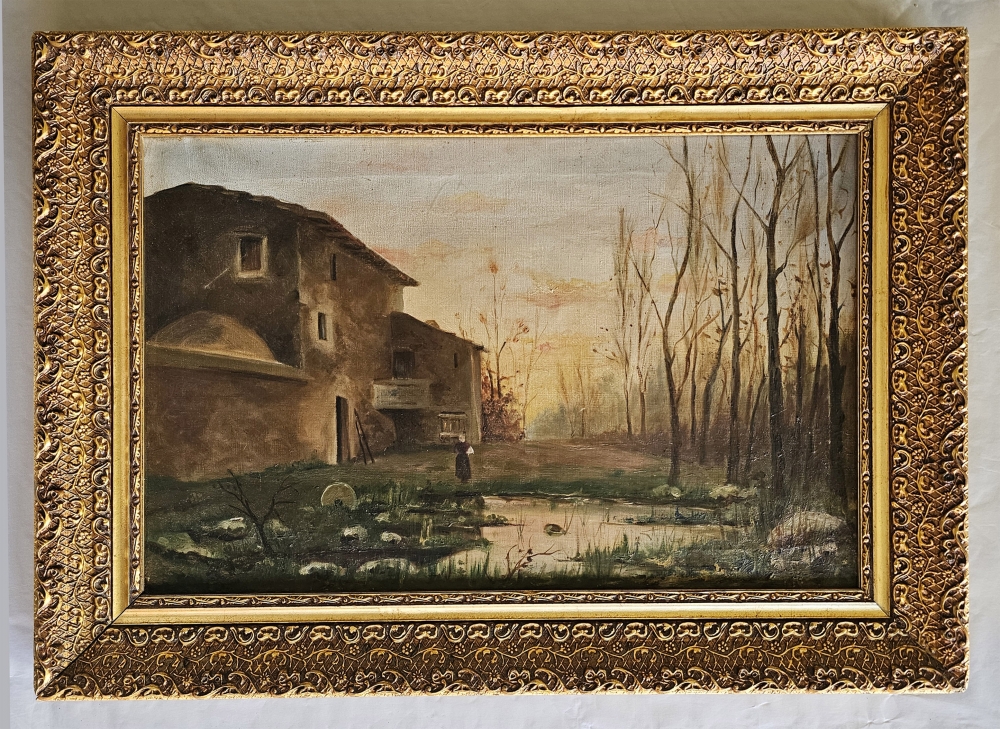 Paisaje costumbrista catalán, pintura al óleo, siglo XIX-XX