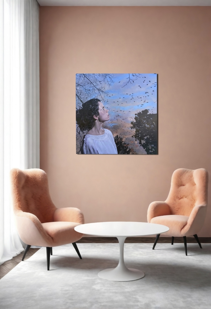 Jorge Pérez Parada, pintura figurativa, atardecer con pájaros, 2020