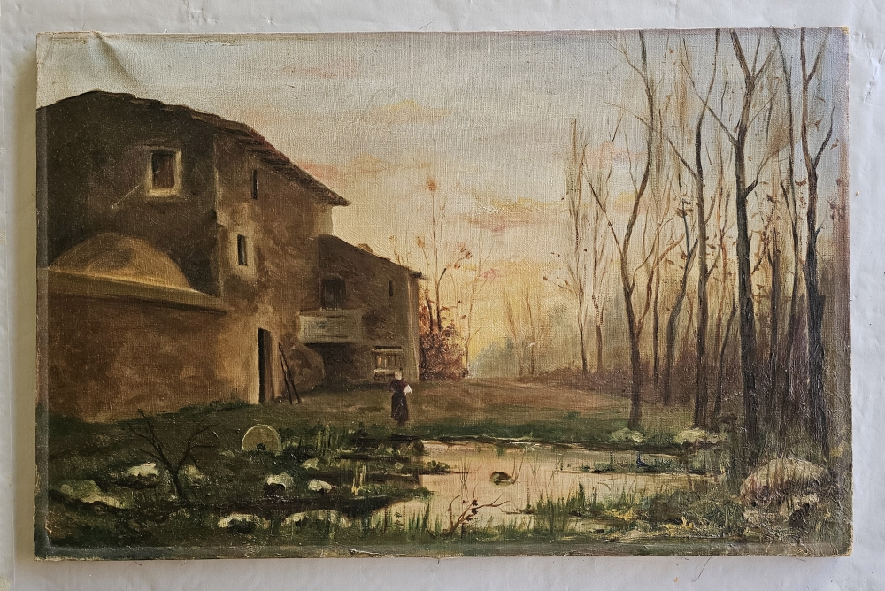 Paisaje costumbrista catalán, pintura al óleo, siglo XIX-XX