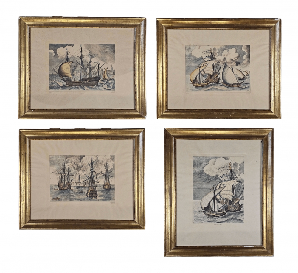 Colección de 4 grabados náuticos, según Pieter Bruegel el Viejo, edición en papel verjurado con filigrana del siglo XIX