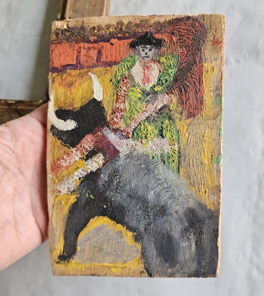 Óleo sobre tablilla, escena taurina, escuela española fauvista / postimpresionista, siglo XX