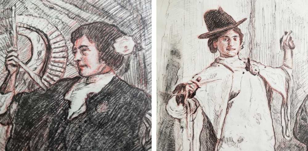 José Peris Aragó y Pepe Peris Panach, dibujo costumbrista original, escuela valenciana, mediados del siglo XX