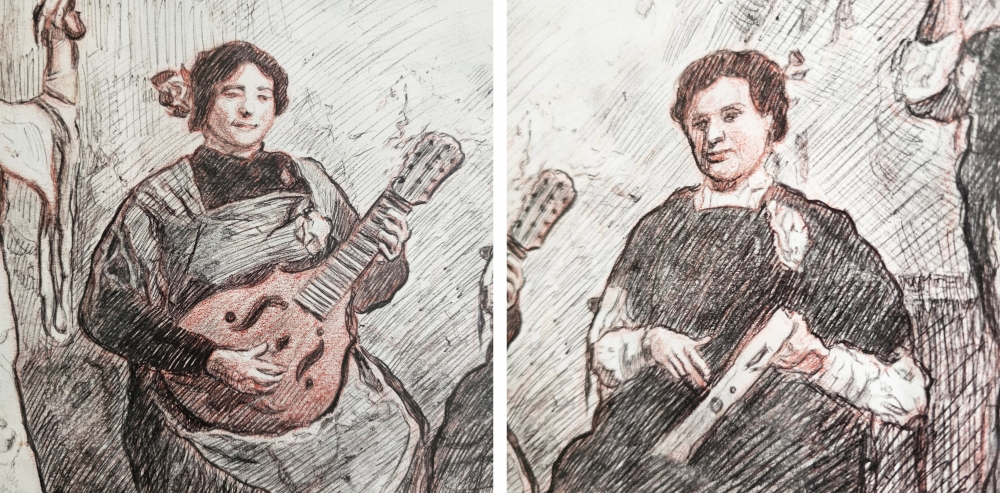 José Peris Aragó y Pepe Peris Panach, dibujo costumbrista original, escuela valenciana, mediados del siglo XX