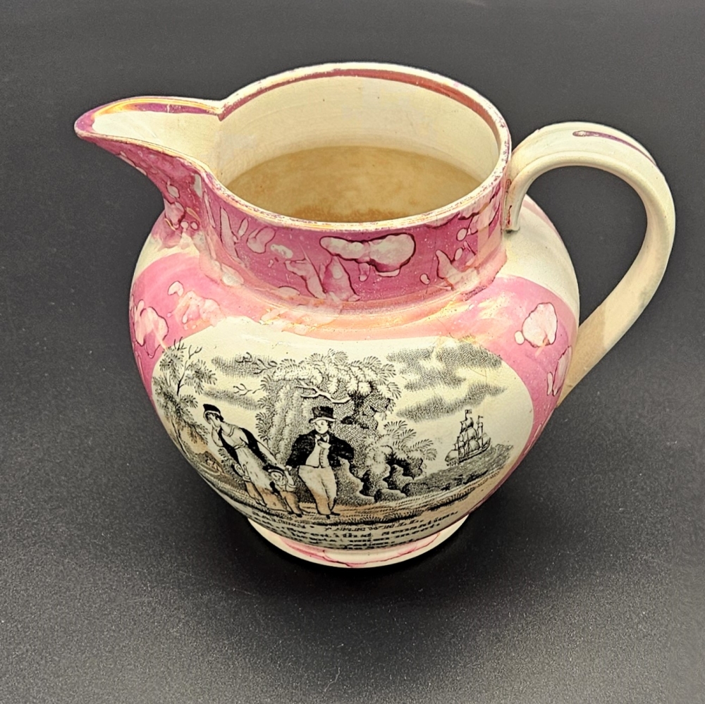 Jarra Sunderland de cerámica rosa ”Sailors Fairwell”, 1850 - 1880