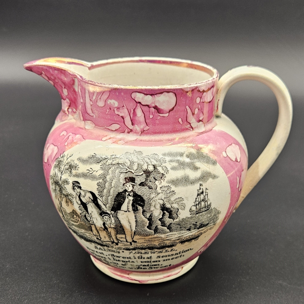 Jarra Sunderland de cerámica rosa ”Sailors Fairwell”, 1850 - 1880