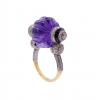 Sortija / Anillo con gran amatista gallonada, diamantes, oro 14k y esmalte, años 50