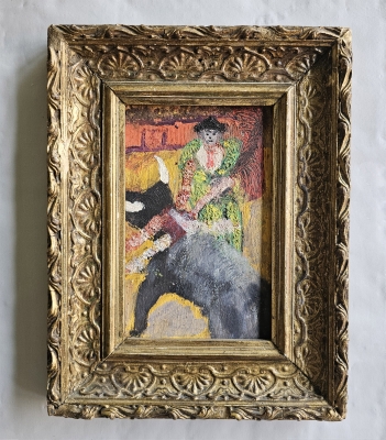 Óleo sobre tablilla, escena taurina, escuela española fauvista / postimpresionista, siglo XX