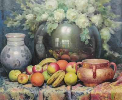 José Marced Furió, Bodegón con florero, jarrones y frutas, óleo sobre lienzo, España, siglo XX 