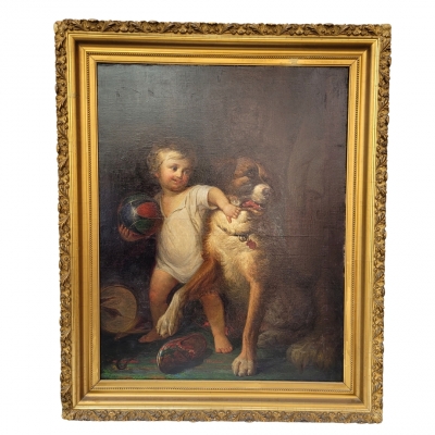 Retrato infantil “Niño con perro”, escuela francesa, siglo XIX