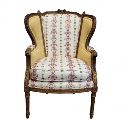 Sillón corbeille en madera, tapizado Pierre Frey, Luis XVI, Francia, circa 1820