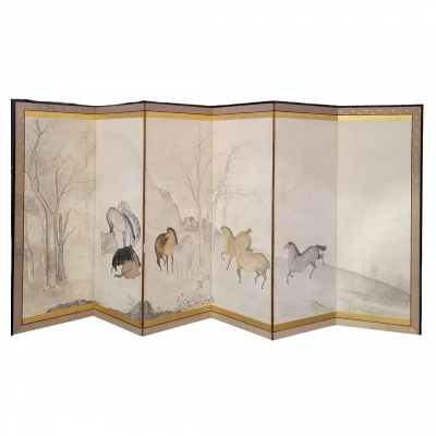Biombo Byôbu “Caballos salvajes”, Escuela Kano, periodo Edo, Japón, siglo XIX