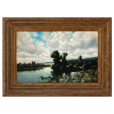 Antonio Cánovas del Castillo y Vallejo, “Paisaje fluvial”, firmado Vascano, España, principios del siglo XX